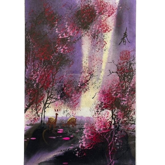 VTG Asian Watercolor Scroll‎ Paintings 4 Season Cherry Blossom Mountain 16" x 9" - Picture 6 of 11